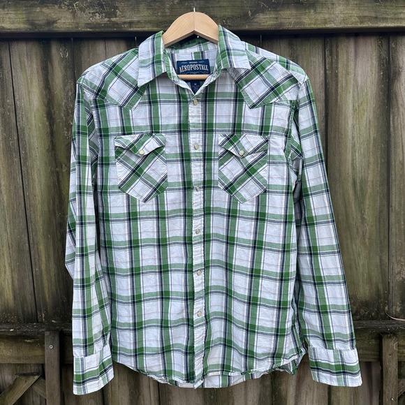 Aeropostale Other - Aeropostale Plaid Western Pearl Snap Long Sleeve Shirt Green Sz Medium Retro Y2K